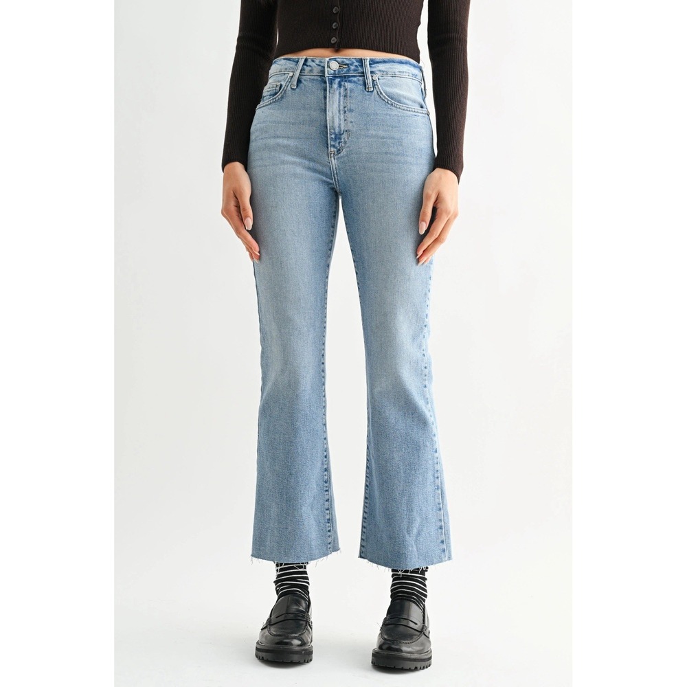 Express Sz 10 Cropped Flare High Rise Jeans Denim Raw Hem Embroidered Side Leg